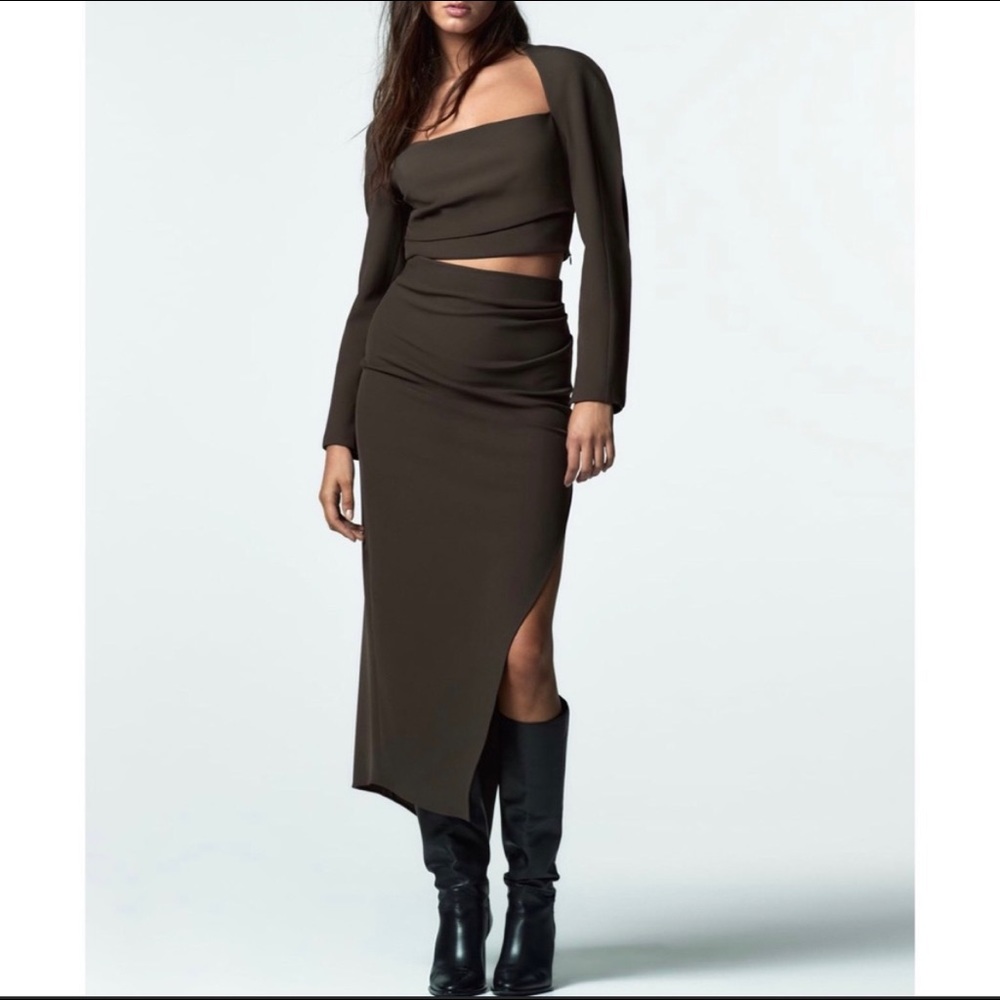 NEW - ZARA Brown Midi Skirt / Slit - Medium